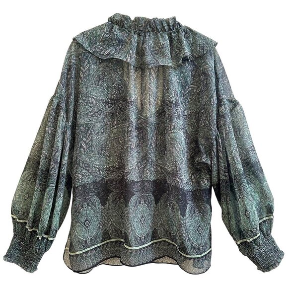 Alice + Olivia Paisley Ruffle Sheer Long Sleeve Blouse Olive Teal Designer XS - Picture 7 of 10